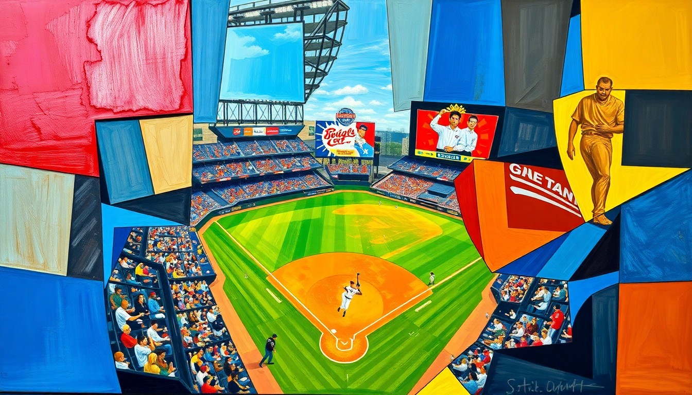 A fractured, multi-perspective painting in bold, vibrant colors depicting a baseball game, with overlapping geometric shapes and planes representing the dynamic action on the field.