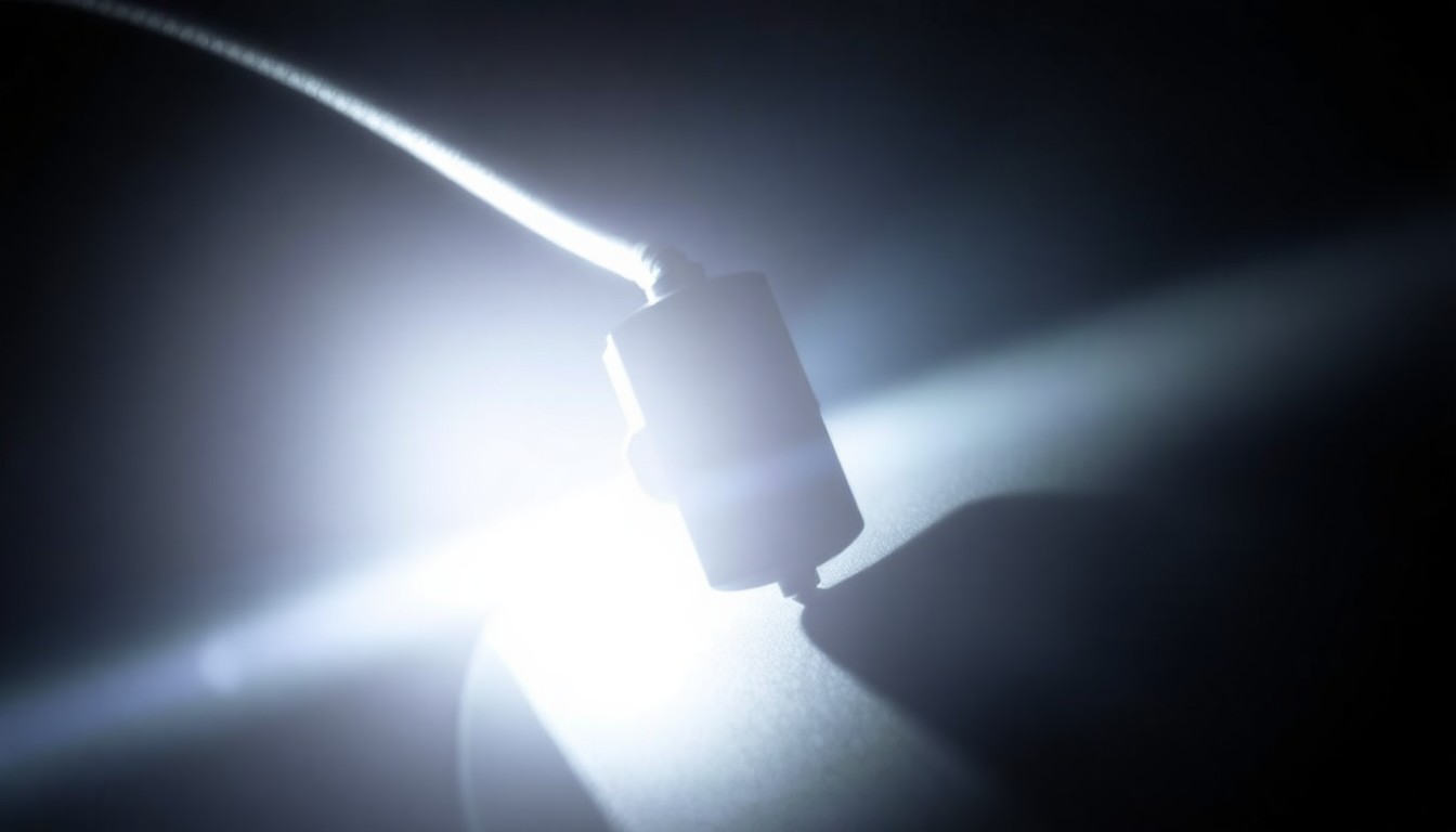 An extreme close-up photograph of a car's ignition interlock device, a small electronic device with buttons and a digital display, lit by a harsh, direct camera flash against a pitch-black background, conceptually representing the serious legal consequences of drunk driving.