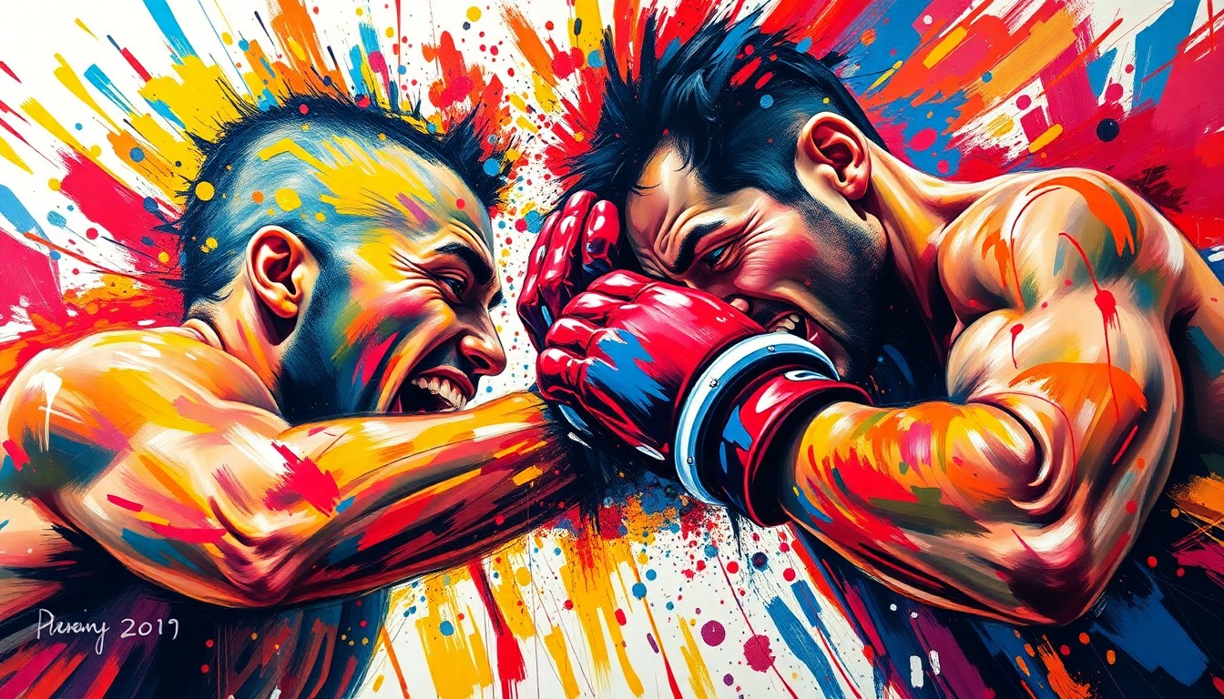 An abstract, expressionist painting in vibrant neon colors depicting the explosive energy and physical collision of a hockey fight, with faces and details dissolving into unrecognizable brushstrokes.