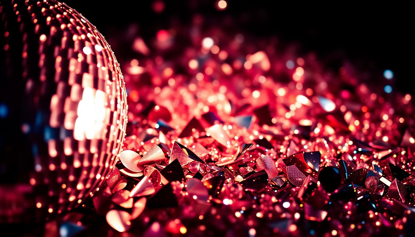 An abstract, high-contrast close-up photograph of shimmering sequins and glittering disco ball fragments, capturing the glamorous and energetic essence of the SexBomb Girls' reunion tour.