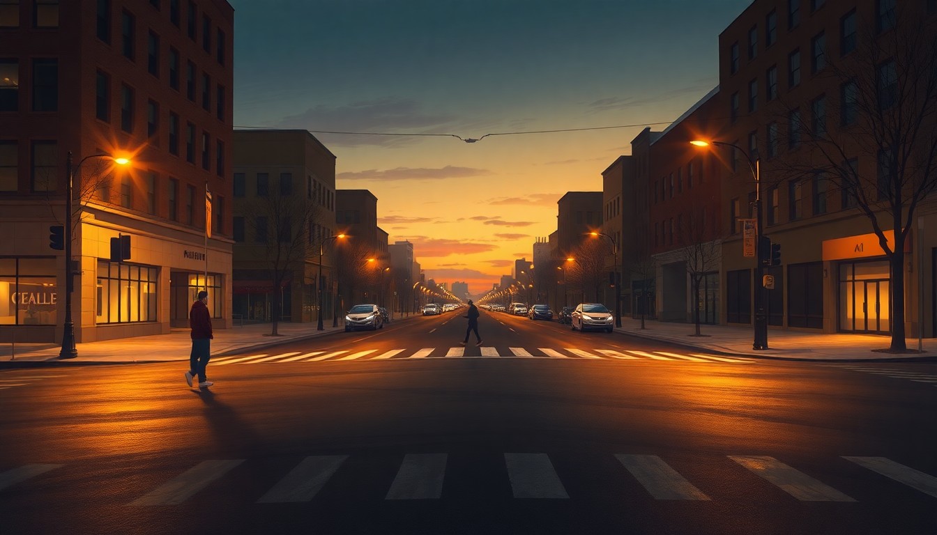 A serene, cinematic painting of an empty city street intersection at dusk, with warm sunlight casting long shadows across the pavement and a lone figure standing at a crosswalk, conveying a sense of quiet contemplation about the future of the city.