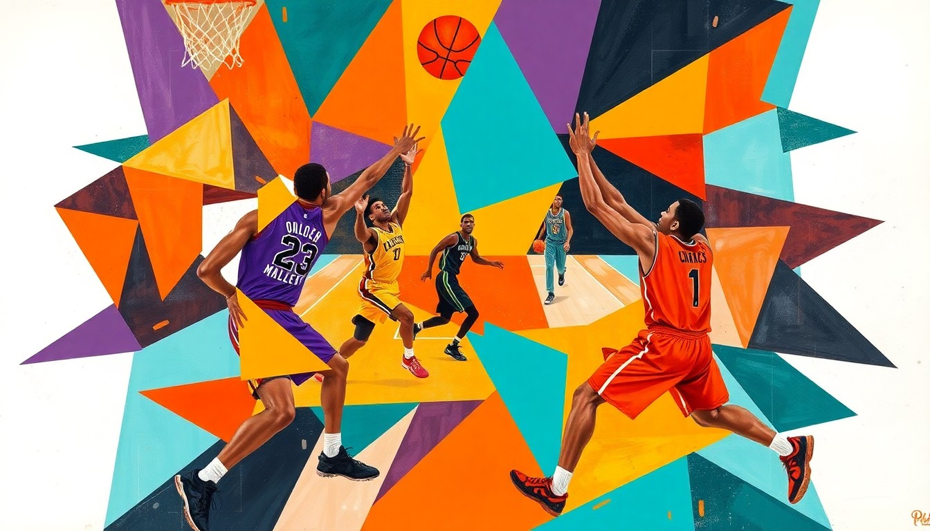 An abstract, cubist-style painting depicting a basketball game, with the players' forms broken down into geometric shapes and planes of bright, contrasting colors.