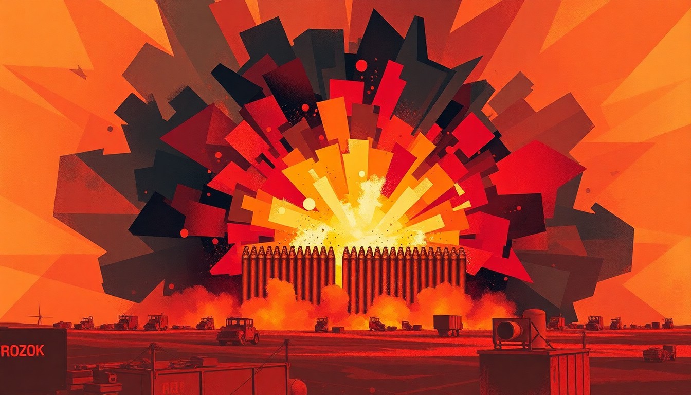 A dynamic, abstract painting featuring overlapping, fractured geometric shapes in shades of orange, red, and black, conceptually representing the chaos and destruction of an attack on an ammunition depot.