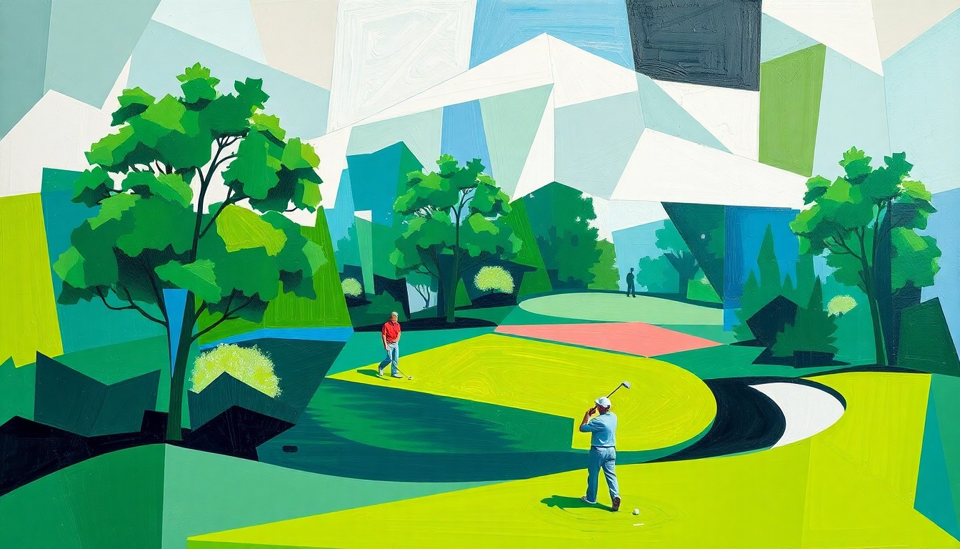 A cubist-style painting featuring fragmented, geometric shapes in shades of green, blue, and white, conceptually representing the energy and movement of a golf clinic where experienced players mentor young aspiring golfers.