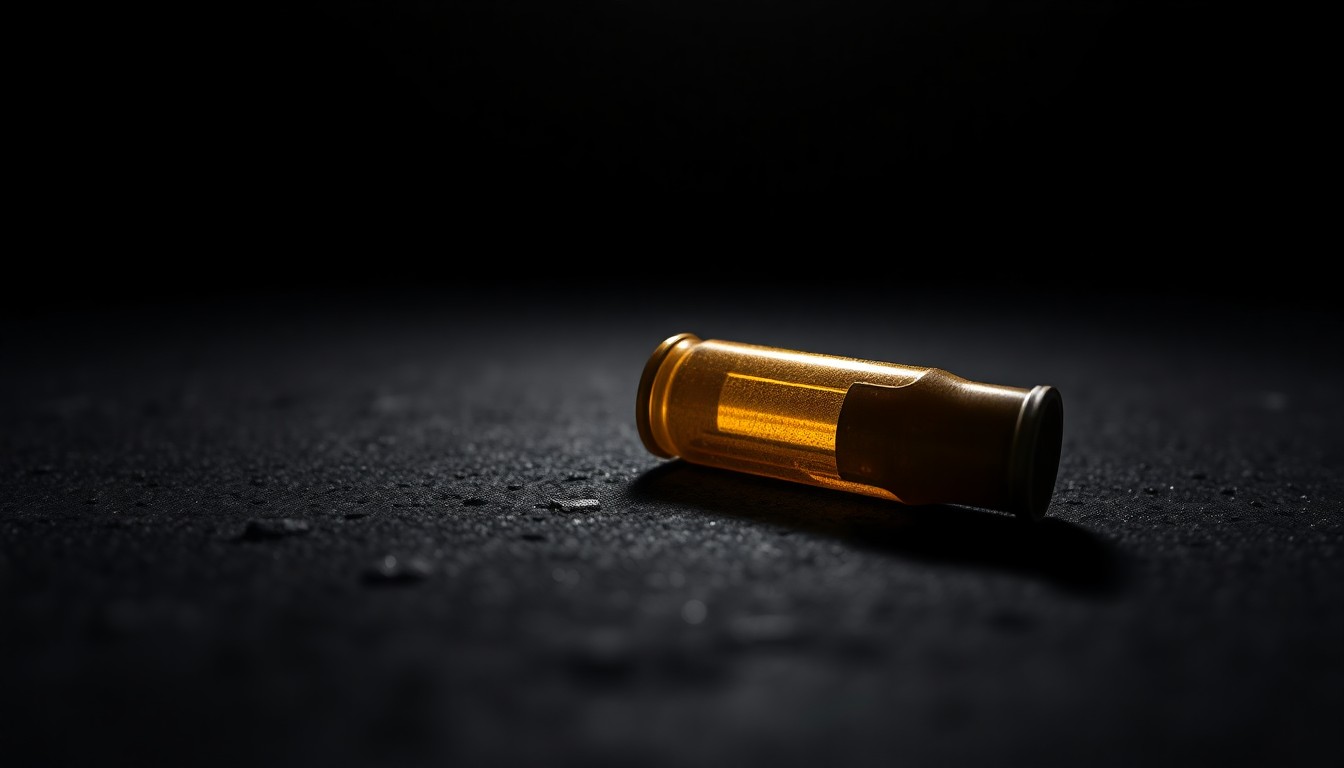 An extreme close-up photograph of a single spent shell casing on a dark, textured surface, lit by a harsh, direct camera flash, conceptually representing the aftermath of a school shooting incident.