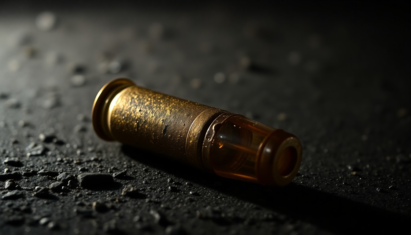 An extreme close-up photograph of a spent shell casing on a dark, textured surface, lit by a harsh camera flash, conceptually illustrating the aftermath of a shooting incident.