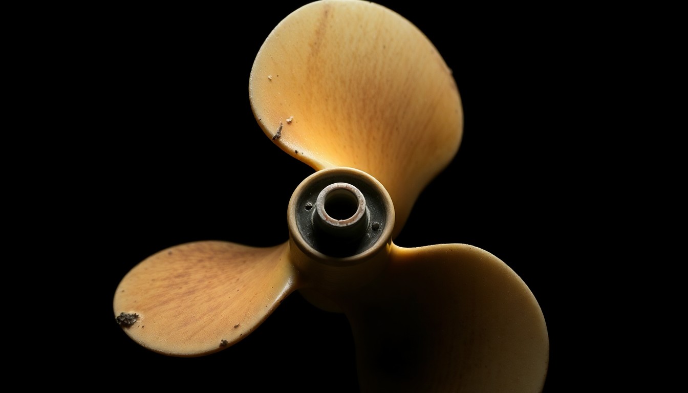 An extreme close-up photograph of a damaged boat propeller against a pitch-black background, capturing the gritty, investigative nature of this tragic incident.