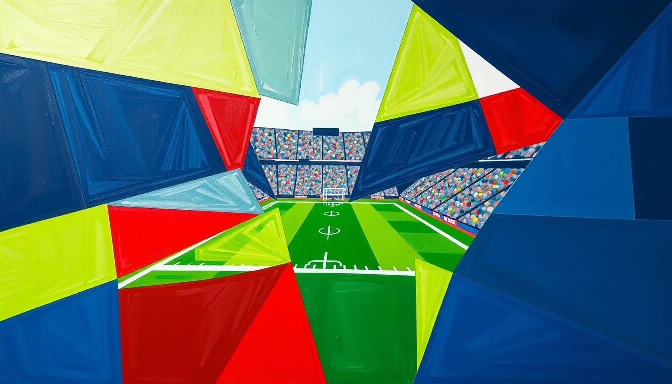 A cubist, geometric painting depicting a fragmented football game, with sharp planes of navy, lime, and crimson colors overlapping to create a dynamic, multi-perspective scene.