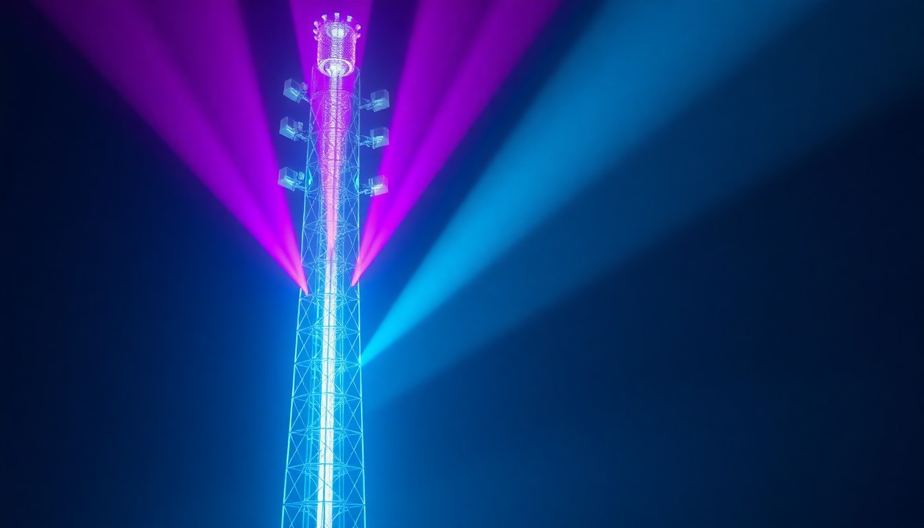 A highly detailed 3D illustration of a glowing, futuristic 5G cell tower emitting bright cyan and magenta energy beams, set against a dark urban backdrop. The tower's intricate, cyberpunk-inspired design conveys the technological advancement of 5G infrastructure while also hinting at the community's unease over its local impact.
