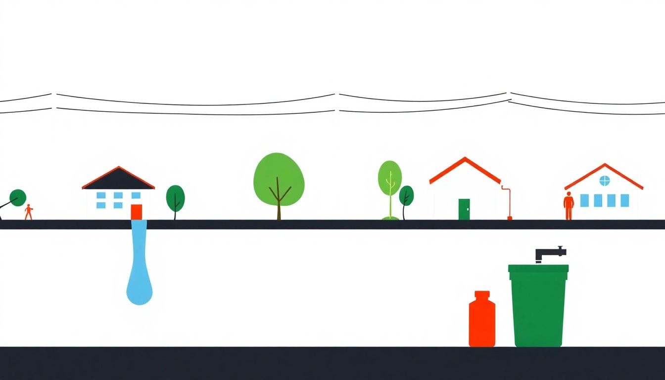 A geometric abstract illustration using bold shapes and primary colors to conceptually represent the rising costs of municipal utilities.