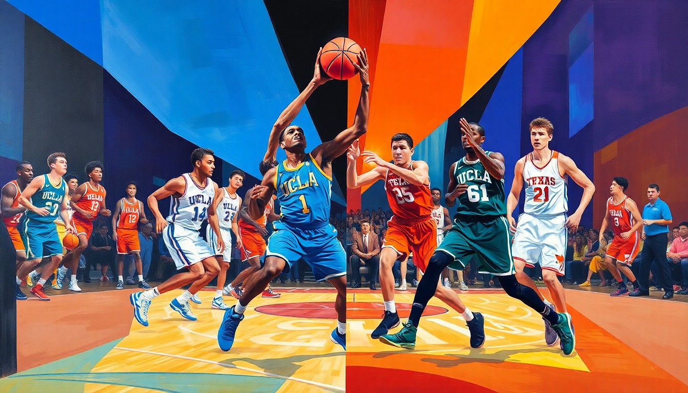 A fragmented, geometric painting depicting the action of a college basketball game, with the players and ball broken down into abstract shapes and planes of vibrant colors representing the uniforms of UCLA and Texas.