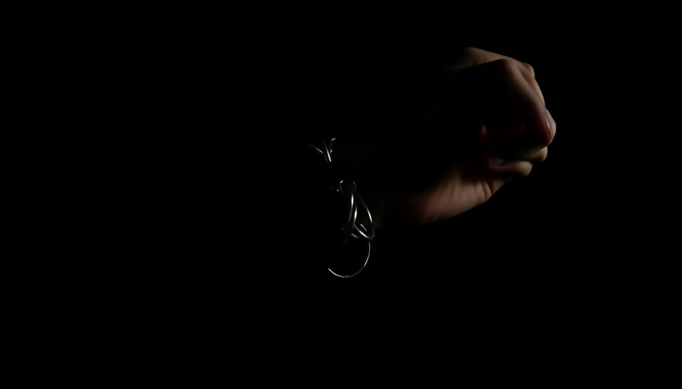 An extreme close-up photograph of a handcuffed wrist against a pitch-black background, conveying the stark, gritty reality of a police confrontation.