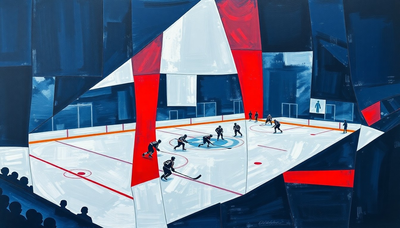 A cubist, geometric painting depicting a fragmented hockey game, with sharp planes of navy, silver, and red representing the intensity and chaos of the sport.