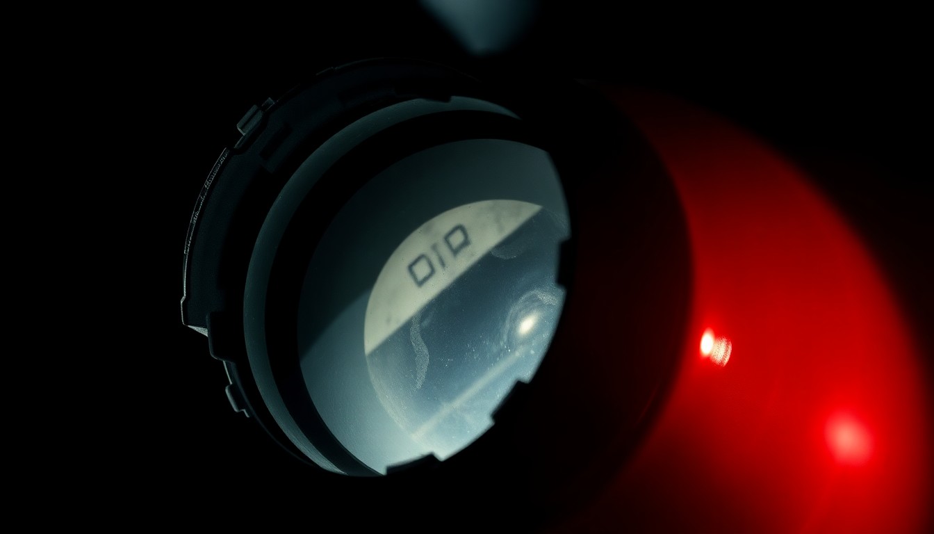 An extreme close-up photograph of a shattered helicopter sensor lens reflecting a faint red light, conceptually illustrating the controversy over the military flyby near a private residence.