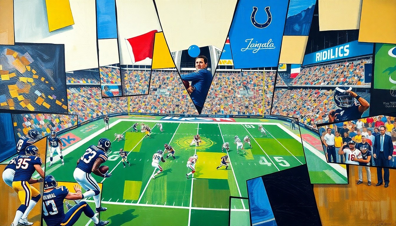A cubist-style painting depicting a football game or match, with the players and field broken down into sharp, overlapping geometric shapes and planes in a variety of colors, capturing the dynamic and multifaceted nature of the sport.