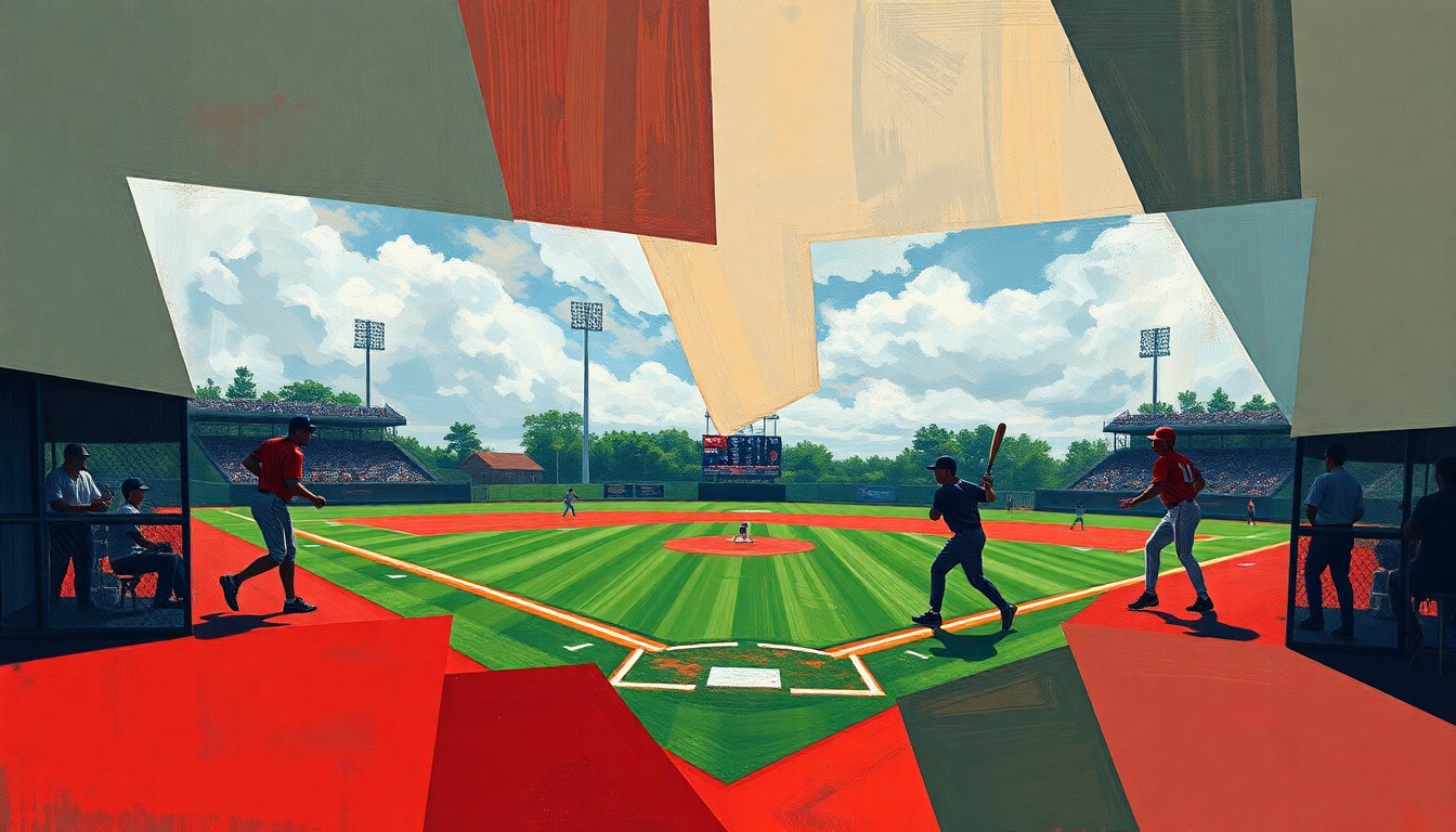 A fragmented, geometric painting depicting the action and energy of a high school baseball game, with overlapping planes of green, red, and shadowy player forms.
