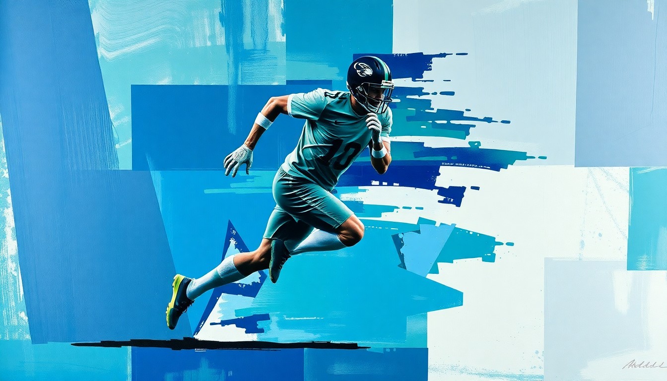 A fractured, geometric painting depicting a football player in mid-stride, their body and movement deconstructed into sharp, overlapping planes of deep blues, greens, and grays, conveying the raw energy and uncertainty of an athlete's return from injury.