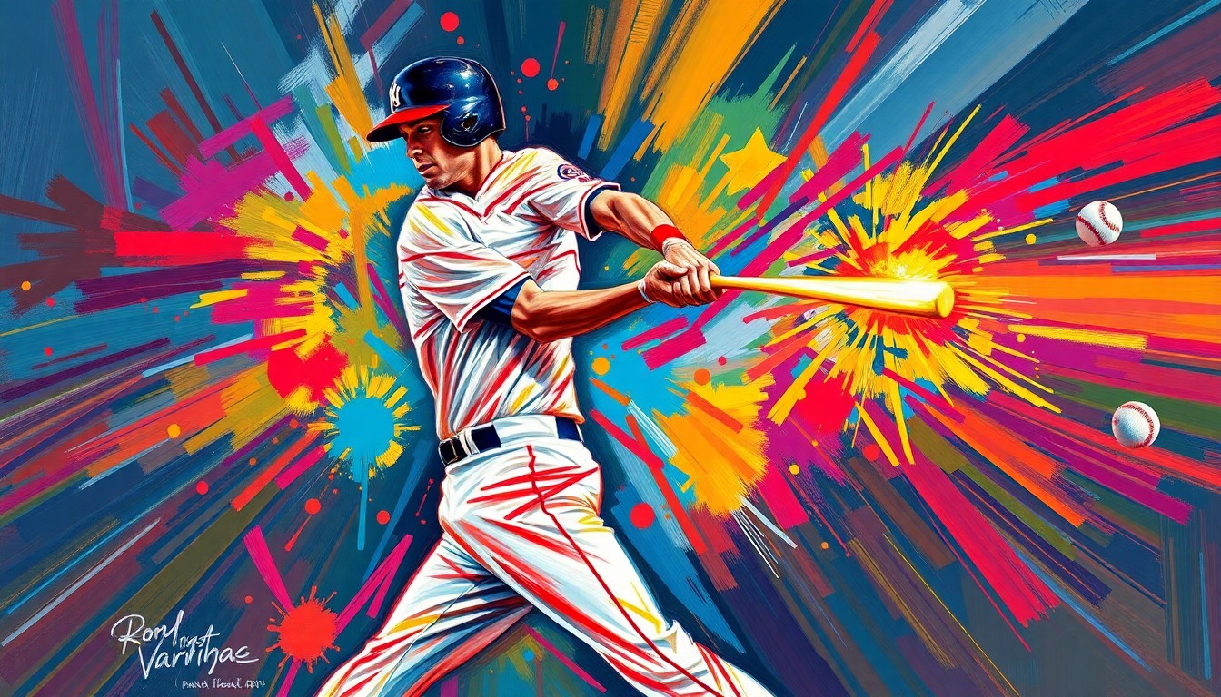 An abstract, expressionist painting in neon colors depicting the powerful swing and impact of a baseball player, capturing the raw energy and motion of the moment.