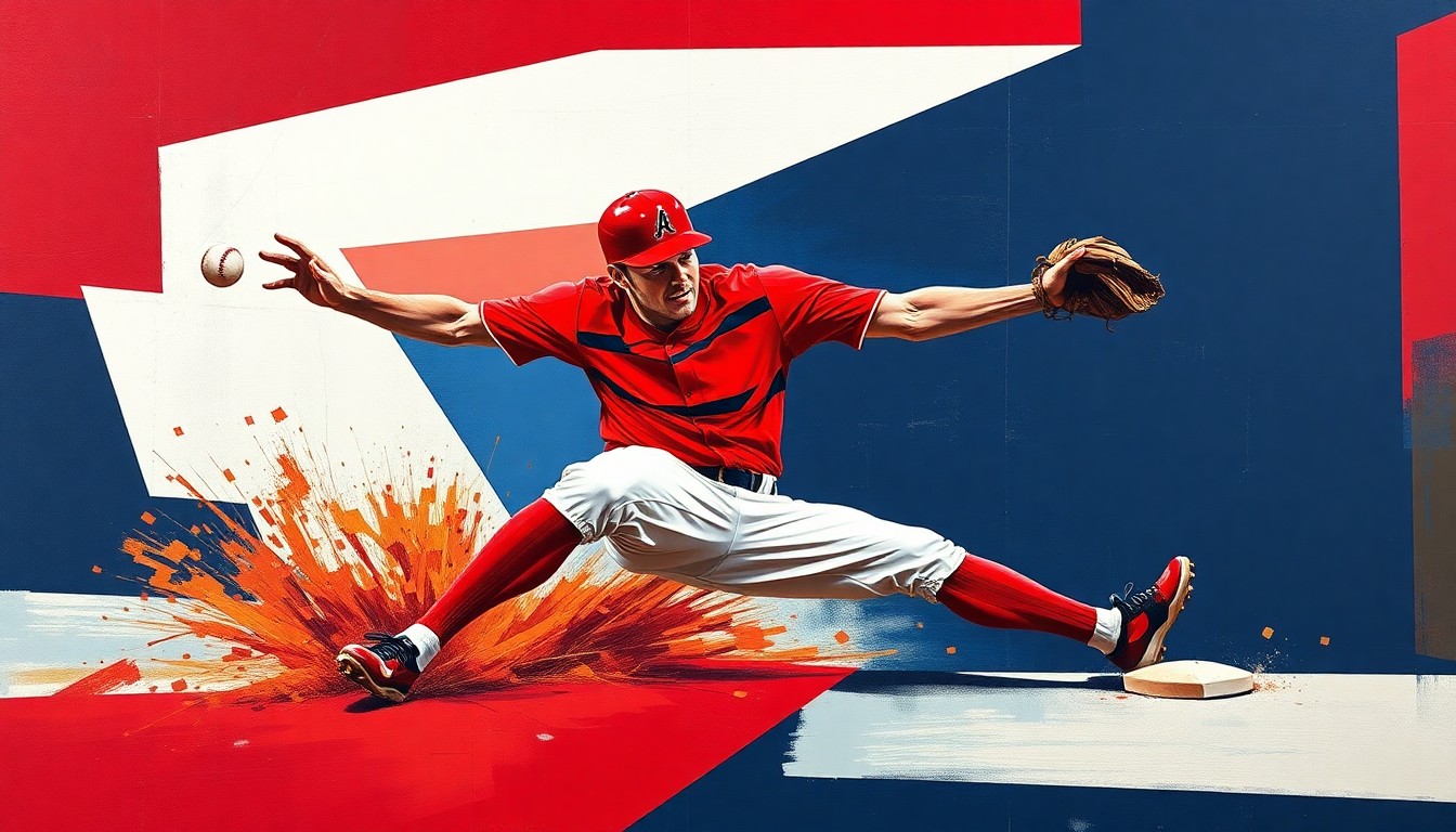 A cubist-style painting depicting a baseball player sliding into second base, with the player's body and the base broken down into sharp, overlapping geometric shapes in shades of red, white, and navy blue.