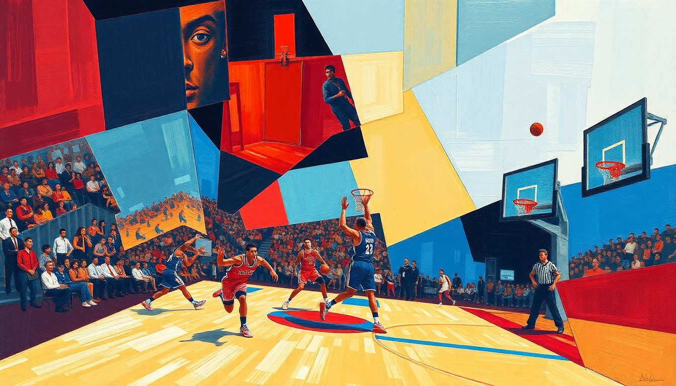 A fragmented, geometric painting in bold colors depicting the dynamic movements and competitive spirit of a professional basketball game.