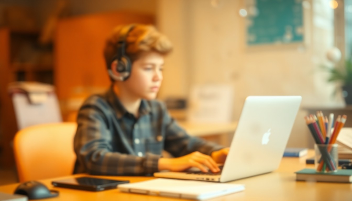 An abstract, out-of-focus scene of a student working on a laptop computer, surrounded by blurred educational supplies, conveying the personalized and engaging nature of FuseLit Tutoring's online instruction.