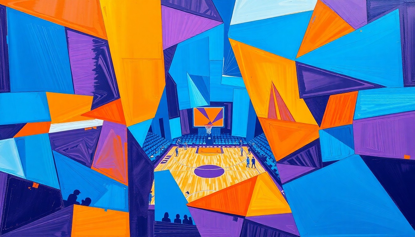 A fragmented, geometric painting in shades of blue, orange, and purple, depicting the dynamic action and movement of a women's college basketball game in an abstract, deconstructed style.