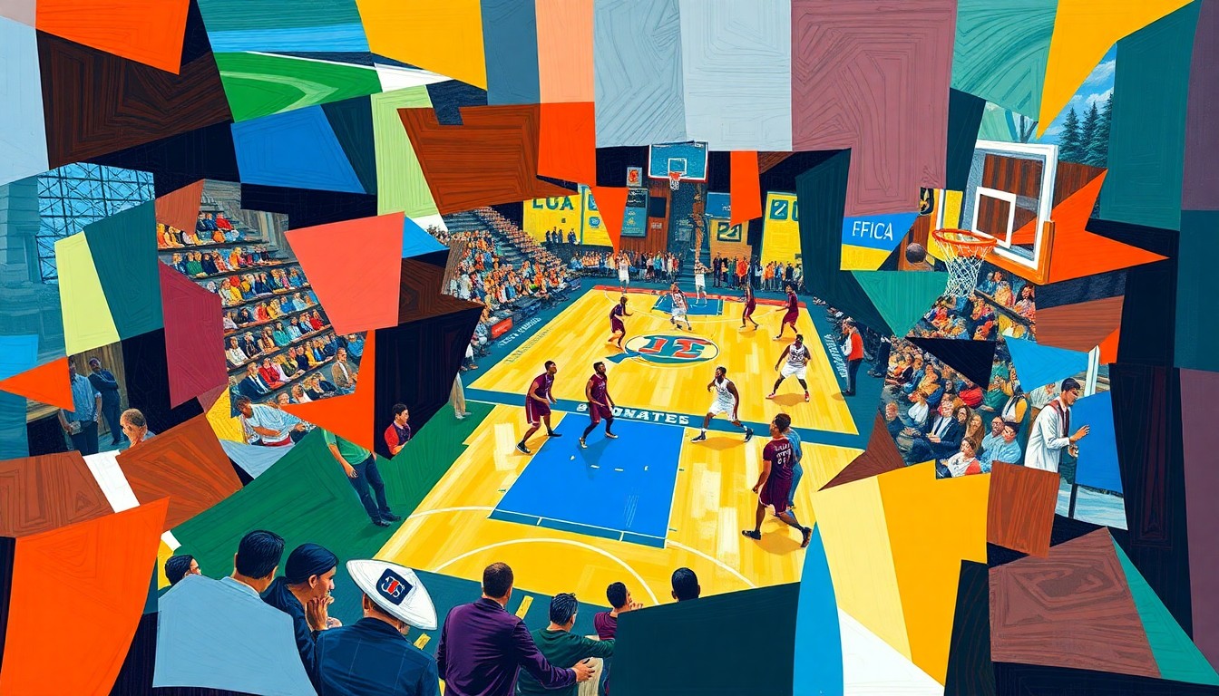 A cubist, geometric painting depicting a fragmented, multi-angled view of a college basketball game or tournament action, using vibrant colors to represent the successful Big Ten teams.