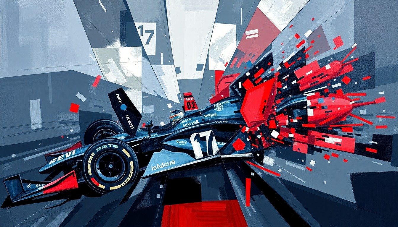 A cubist, geometric painting depicting an IndyCar crash scene, with the car and track broken down into sharp, overlapping planes of dark greys, blues, and reds, conveying the intensity and unpredictability of the incident.