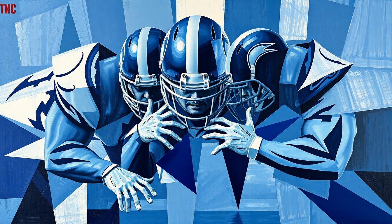 A fragmented, geometric painting depicting the overlapping forms and planes of a football defensive line, rendered in a cubist style with navy, silver, and white hues.