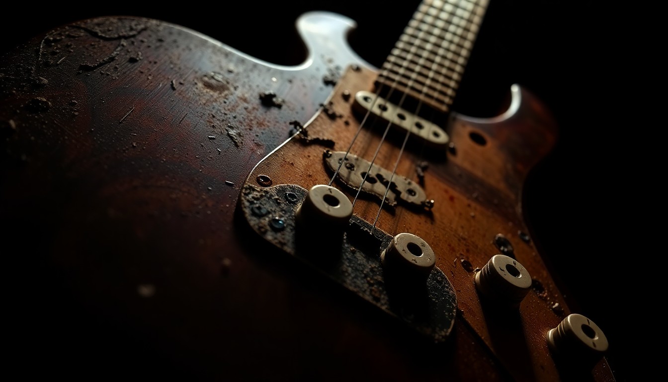 An extreme close-up photograph of the distressed, aged surface of an electric guitar, with the worn wood, faded paint, and scratched metal capturing the gritty, lived-in aesthetic of Jon Dee Graham's music.