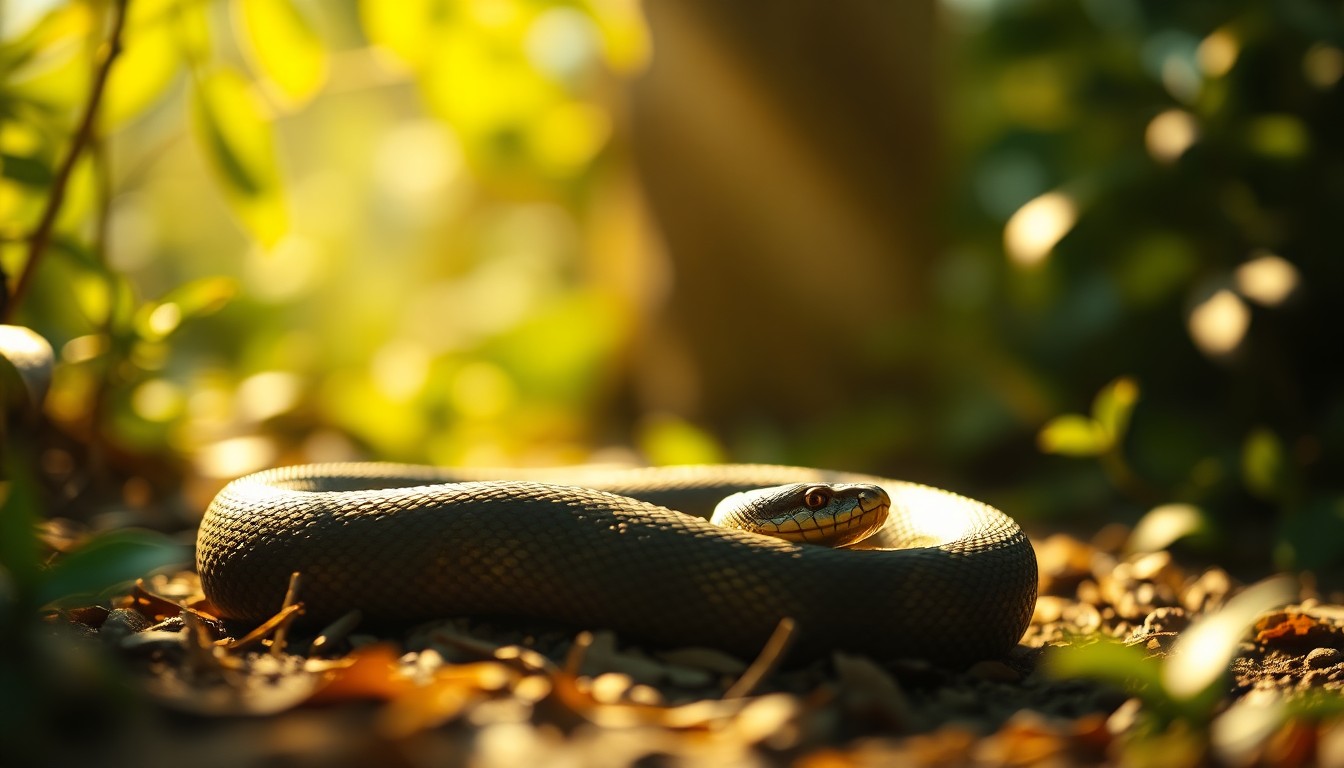 An extremely abstracted, out-of-focus photograph of a coiled snake resting in a natural setting, with the surrounding foliage and environment blurred into soft, warm pools of color, conceptually representing the peaceful coexistence of snakes and humans.