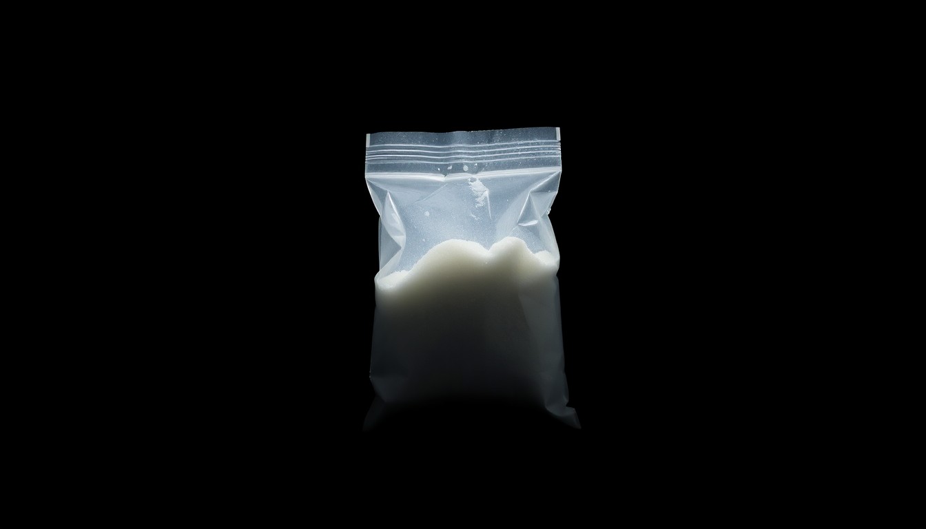 An extreme close-up of a small plastic bag containing white powder, lit by a harsh, direct camera flash against a pitch-black background, conceptually representing the dangerous world of illicit drug distribution.