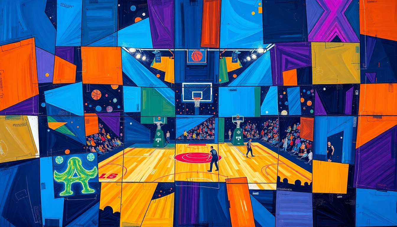 A cubist, geometric painting depicting a fragmented basketball game, with sharp, overlapping shapes in vibrant colors representing the dynamic competition for the league's MVP award.