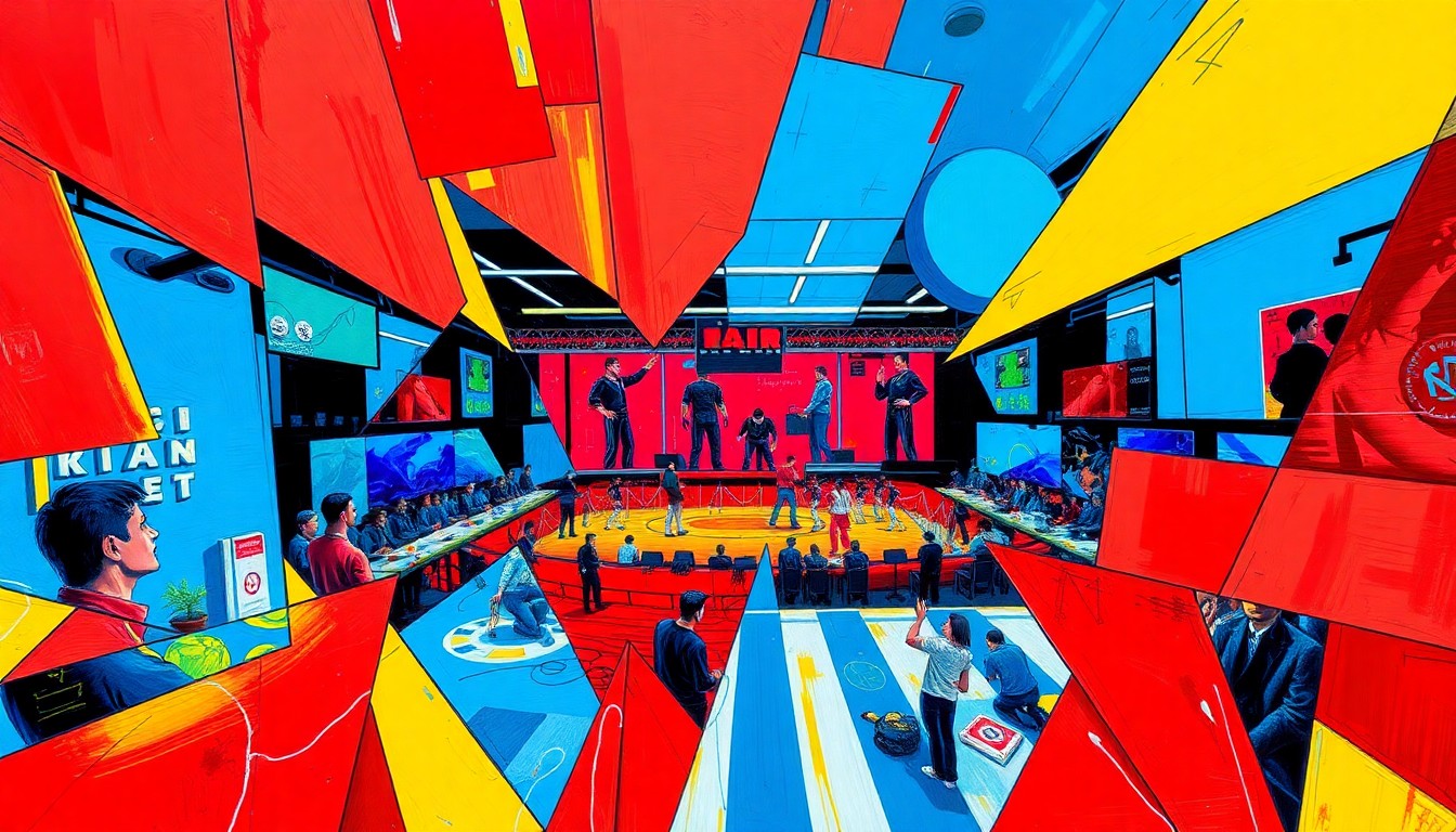 A fractured, multi-perspective painting depicting a fighting game tournament, with sharp, overlapping geometric planes in vibrant colors like neon blue, crimson red, and sunshine yellow, conceptually representing the energy and excitement of the event.