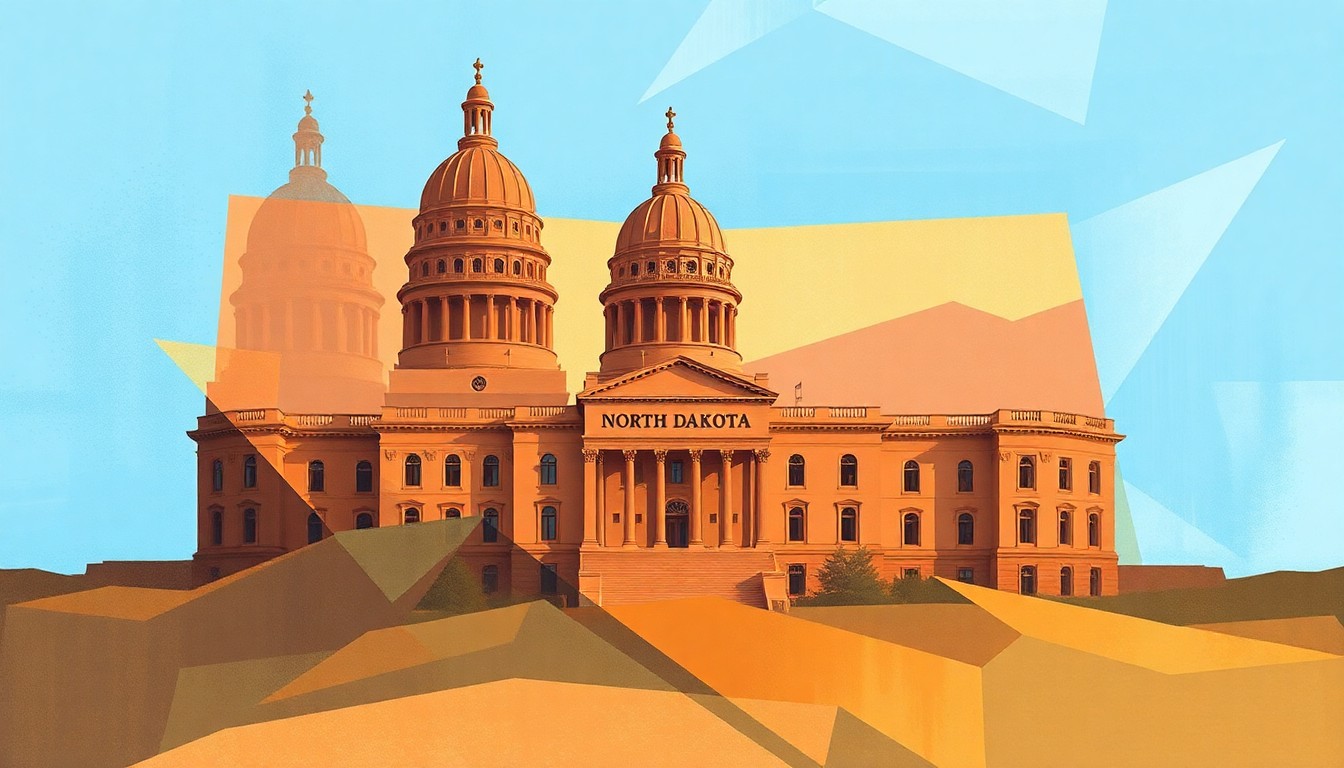 A fractured, abstract painting in warm earth tones and cool blues depicting a stylized North Dakota state capitol building or other political symbol, conveying a sense of disunity and uncertainty surrounding the state's Republican politics.
