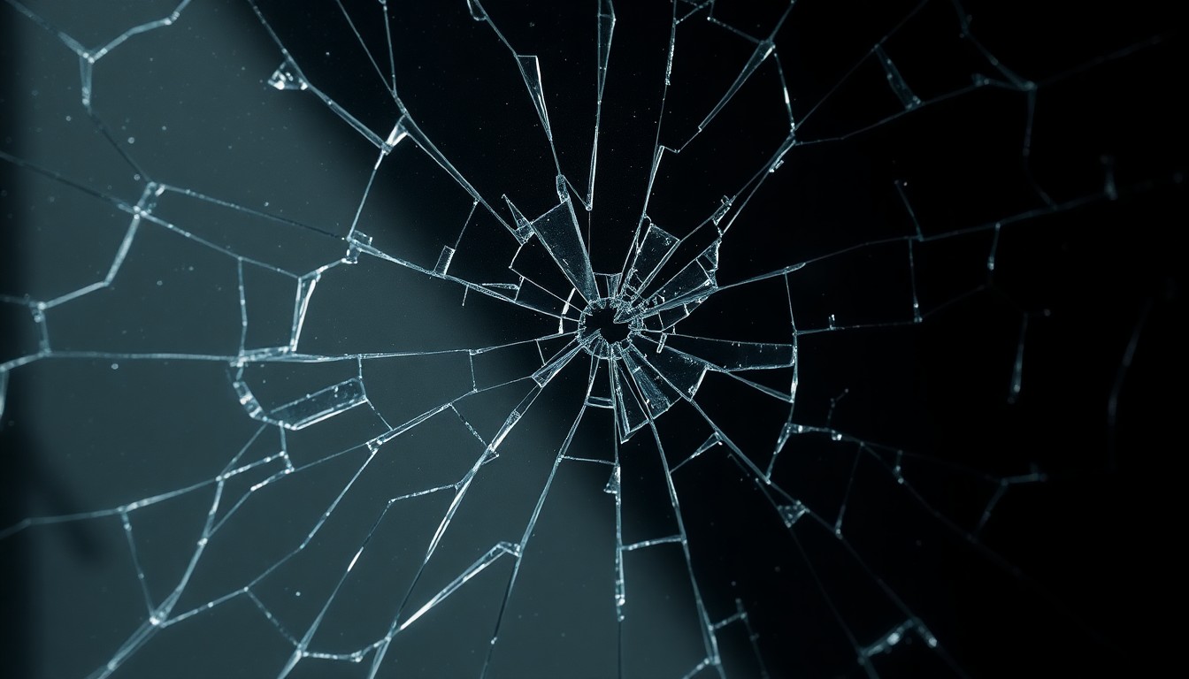 An extreme close-up of a cracked and shattered glass surface, partially obscured by shadows, conveying a sense of violence and violation without depicting any literal violence or victims.