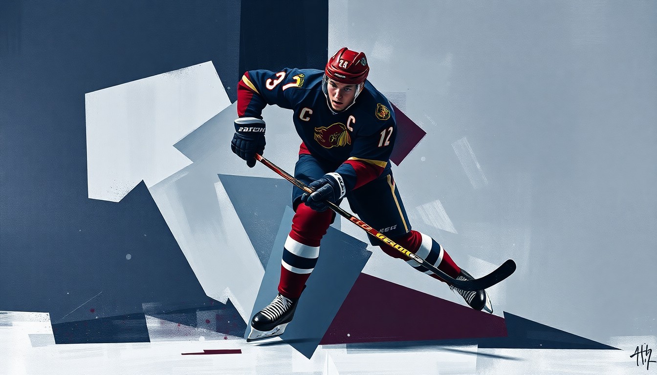 A cubist, geometric painting depicting a hockey player in motion, with sharp, overlapping planes of navy, maroon, and steel grey, conveying the fractured nature of the sport and the uncertainty surrounding Crosby's injury.