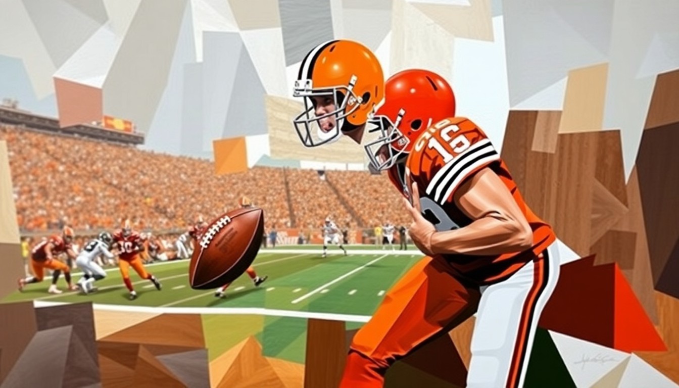 A cubist, geometric painting depicting a Cleveland Browns football player or game scene, broken down into sharp, overlapping planes of orange, brown, and white, representing the team's financial and roster challenges due to the Deshaun Watson contract.