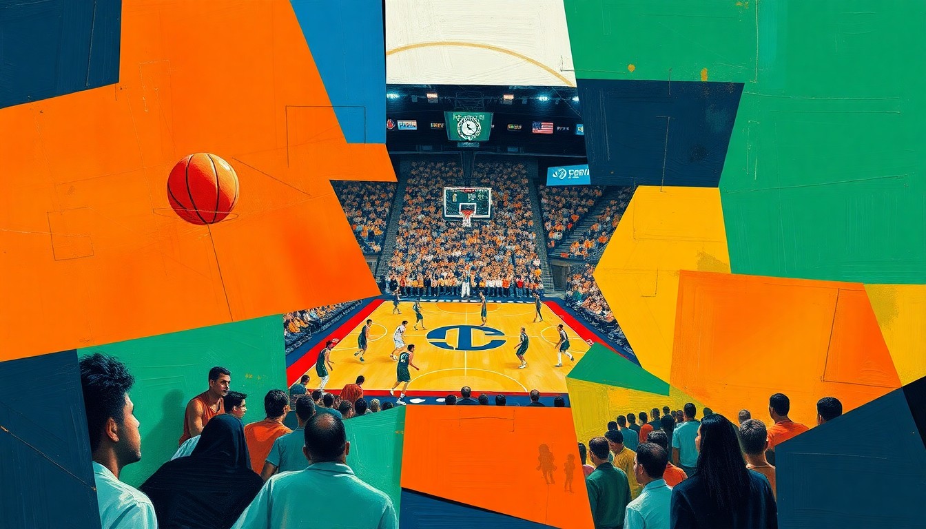 A fractured, geometric painting depicting a college basketball game broken down into sharp, overlapping planes of vibrant team colors, capturing the raw intensity of the tournament action.