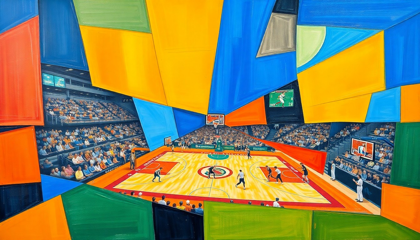 A fractured, geometric painting in vibrant blues, oranges, and greens, depicting overlapping and deconstructed scenes of a college basketball game, a baseball game, and an NBA game, conceptually representing the variety of sporting events that new bettors can wager on this Saturday.