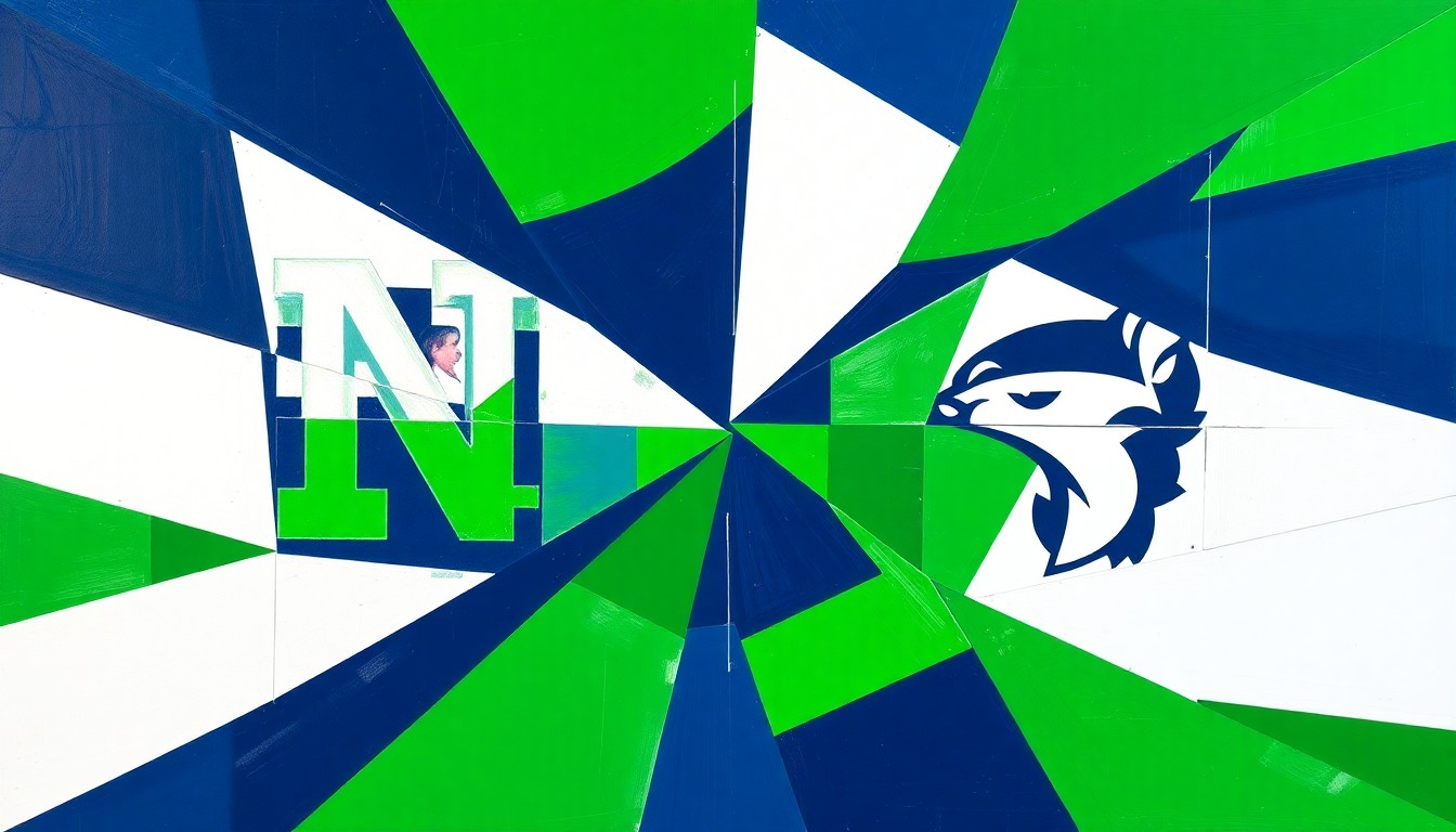 A fragmented, cubist-style painting depicting the action and energy of a women's college basketball game, with sharp geometric shapes in navy, green, and white representing the players, court, and crowd.