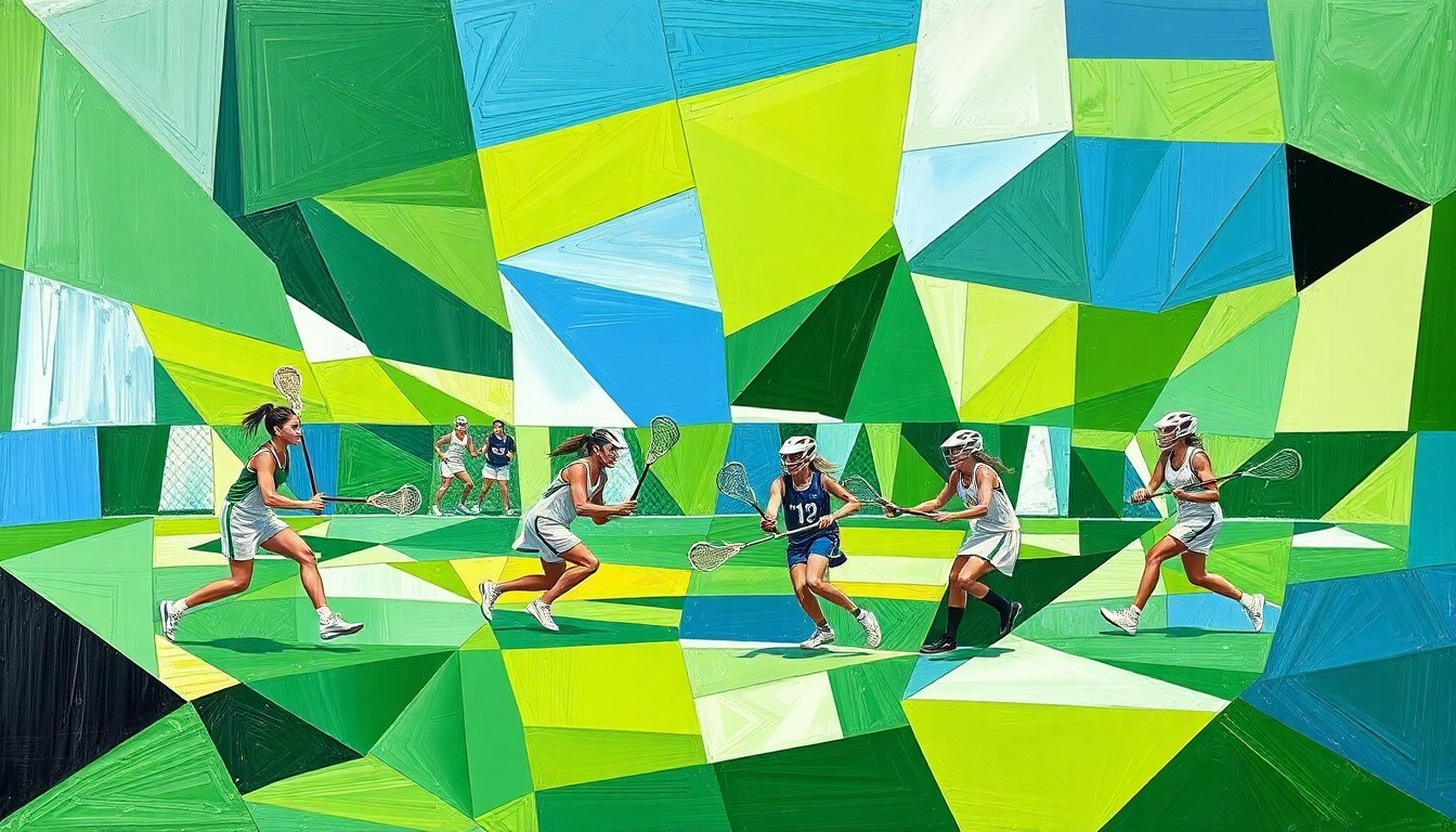A fragmented, geometric painting depicting the dynamic motion and energy of a girls lacrosse match, with players and the field rendered in sharp, overlapping planes of color.