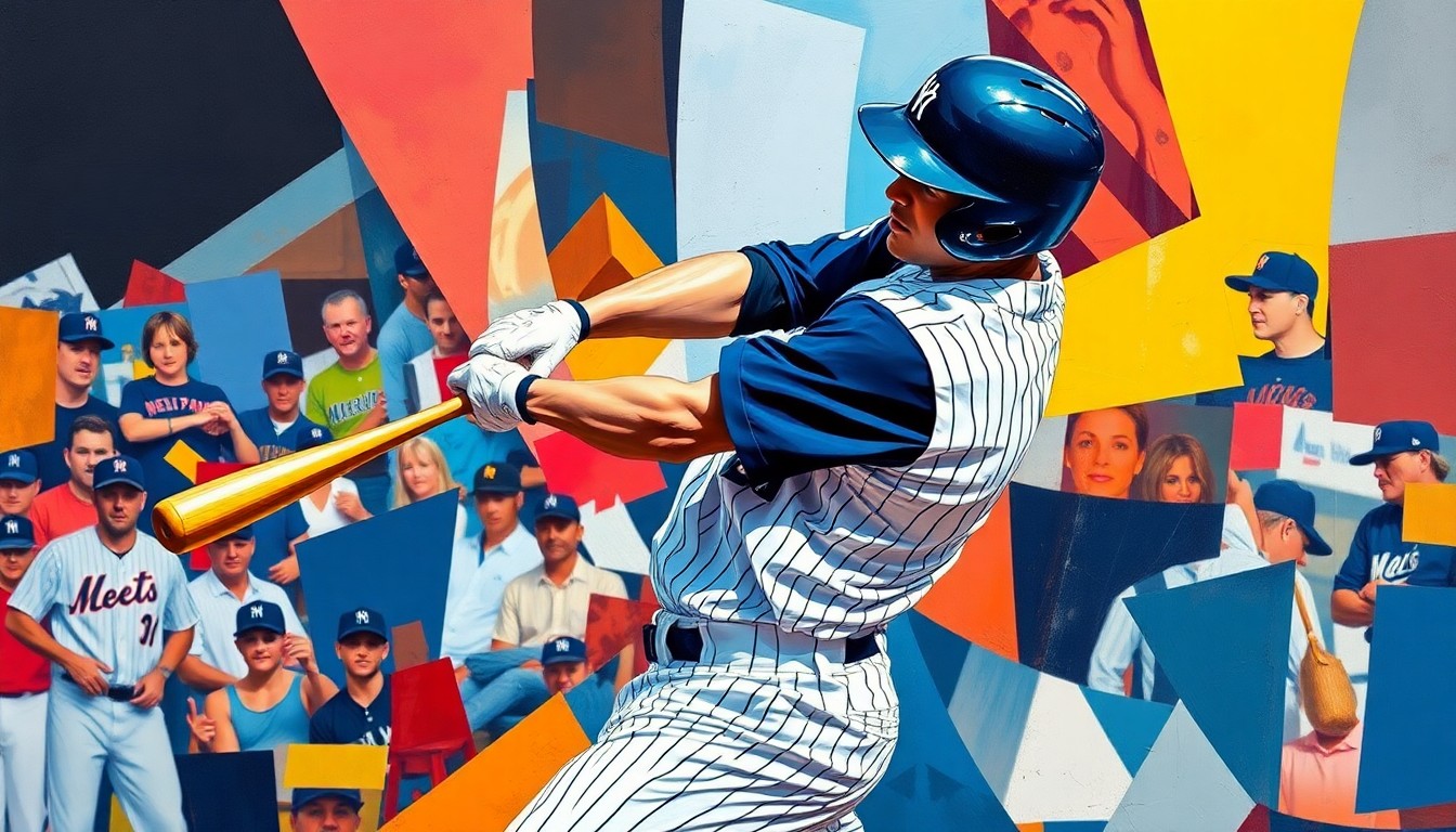 A cubist, geometric painting depicting a baseball player's home run swing, with sharp, overlapping planes of navy blue and white representing the player's uniform and the baseball itself.
