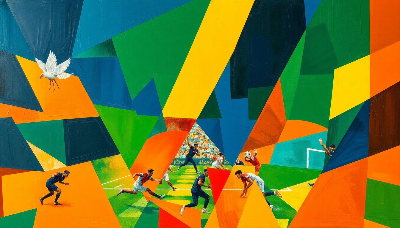 A cubist, geometric painting depicting fragmented football players and equipment in overlapping planes of navy, green, and orange, conveying the Giants' aggressive offseason roster moves.