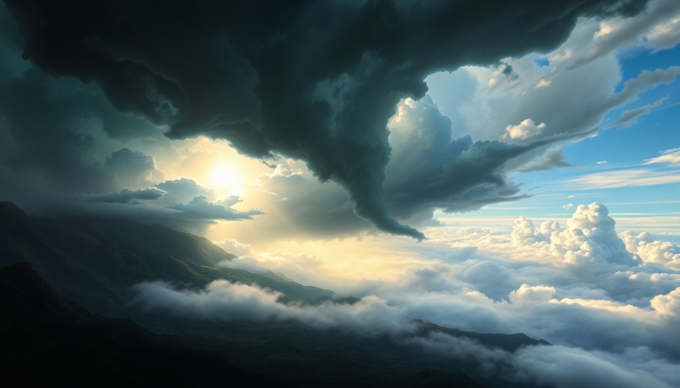 A vast, atmospheric landscape painting depicting the dramatic scale of a Kona storm system sweeping over the Upcountry region of Maui, with physical structures and infrastructure dwarfed by the overwhelming power of the natural forces at play.
