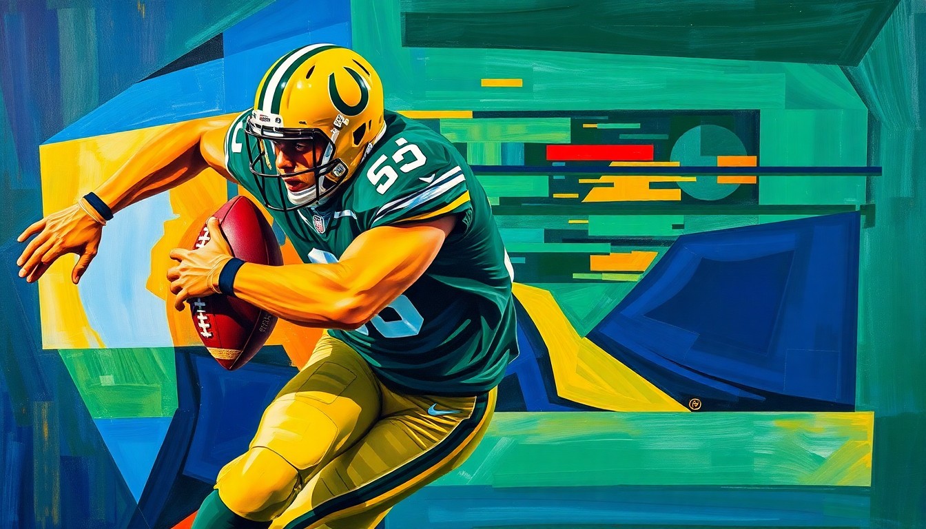 A fractured, cubist-style painting depicting a football player in motion, with sharp geometric shapes and planes in vibrant colors representing the power and athleticism of the player.