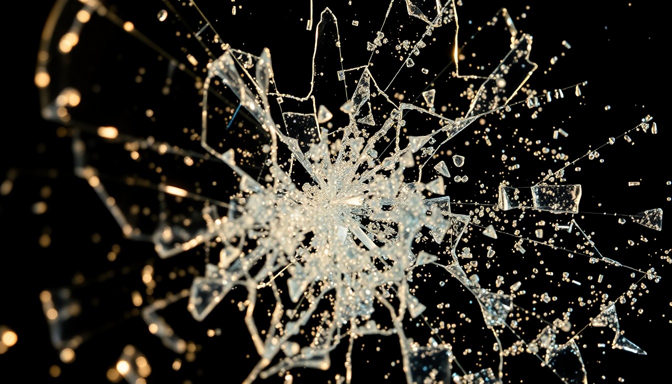 An abstract close-up image featuring shards of shattered glass and sparkling sequins, captured in dramatic high-contrast studio lighting to evoke the emotional drama and nostalgia of the Laguna Beach reunion.
