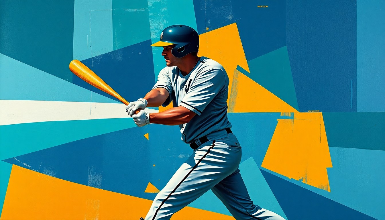 A cubist-style painting depicting a baseball player in mid-swing, broken down into sharp, overlapping geometric shapes in a palette of navy, teal, and ochre, conveying the disruption caused by the player's injury.