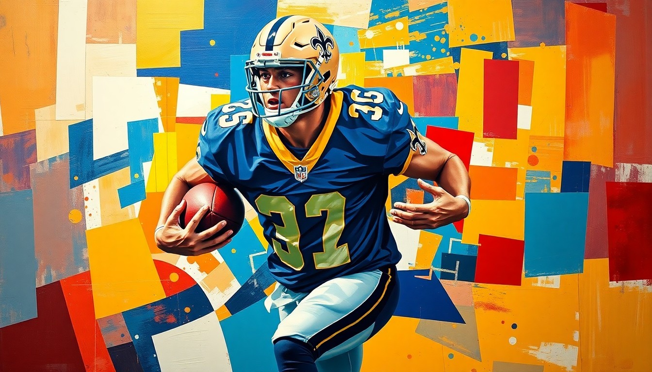 A fractured, geometric painting depicting a football player in motion, with sharp planes of navy blue, gold, and red colors representing the New Orleans Saints' team palette.