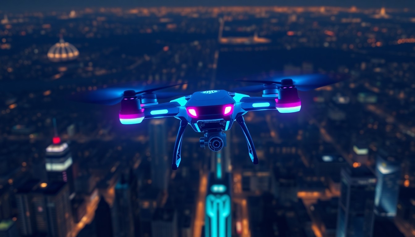 A highly detailed 3D illustration of a glowing, futuristic drone with luminous cyan and magenta accents, hovering above a cityscape at night, conceptually representing the advanced technology and connectivity that powers FlyGuys' nationwide network of drone pilots.